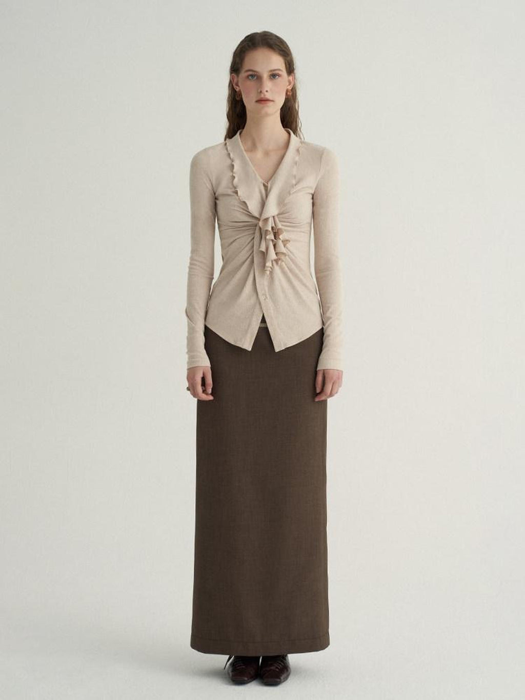 someonesometimes Stretch Polyester Minimal Low Waist H Line Zipper Women Brown Maxi Skirts