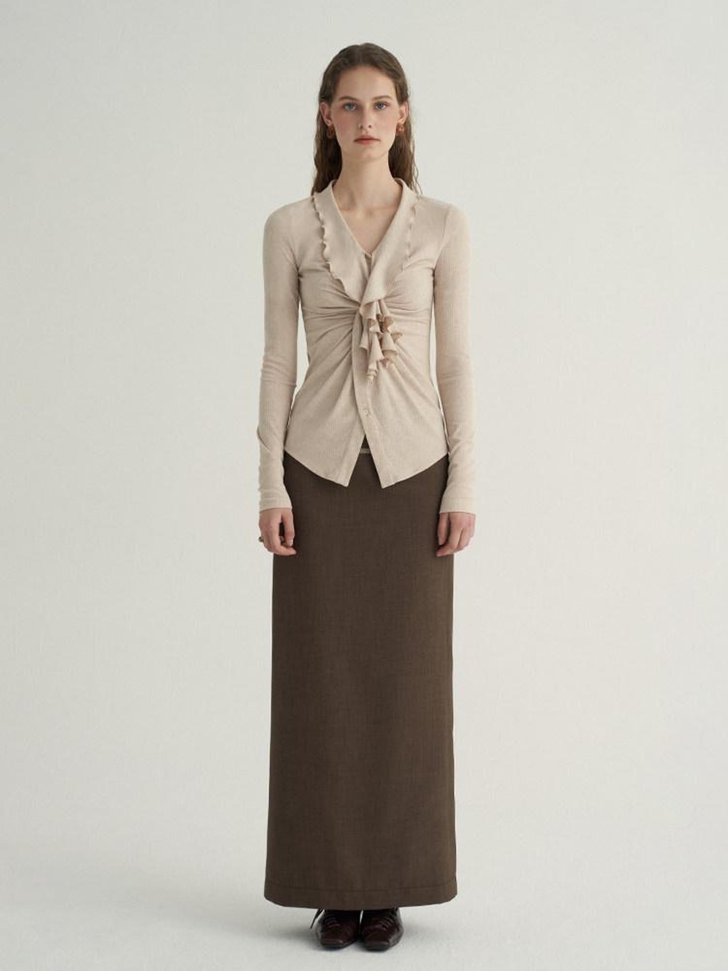 someonesometimes Stretch Polyester Minimal Low Waist H Line Zipper Women Brown Maxi Skirts