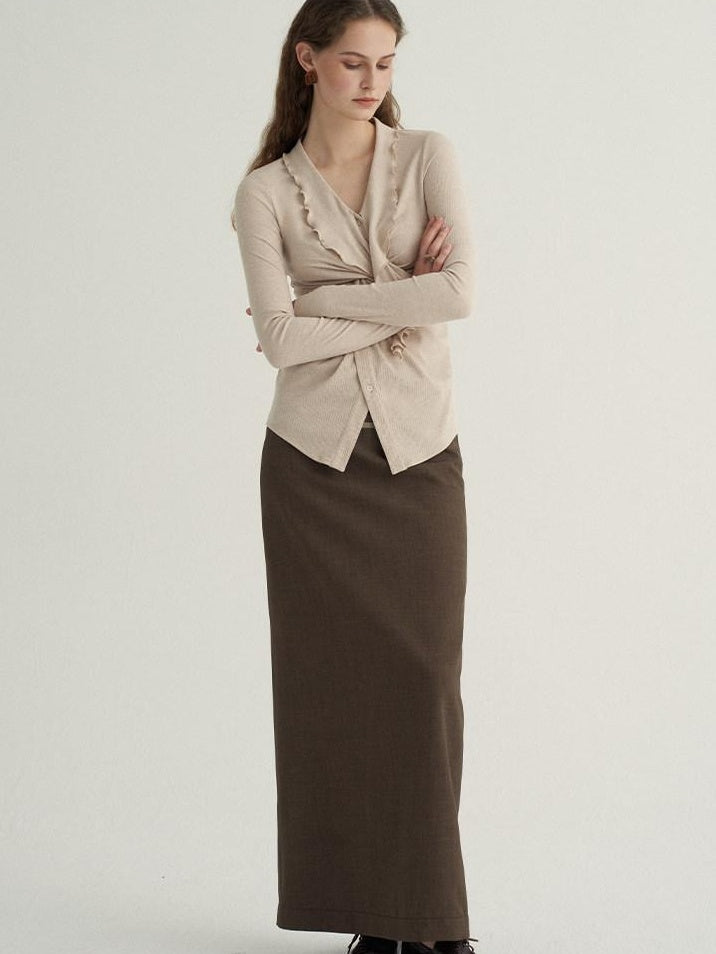 someonesometimes Stretch Polyester Minimal Low Waist H Line Zipper Women Brown Maxi Skirts