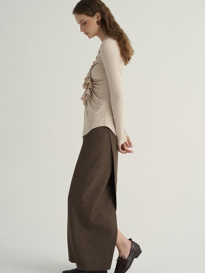 someonesometimes Stretch Polyester Minimal Low Waist H Line Zipper Women Brown Maxi Skirts