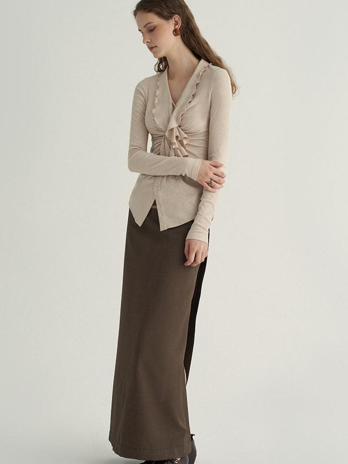 someonesometimes Stretch Polyester Minimal Low Waist H Line Zipper Women Brown Maxi Skirts