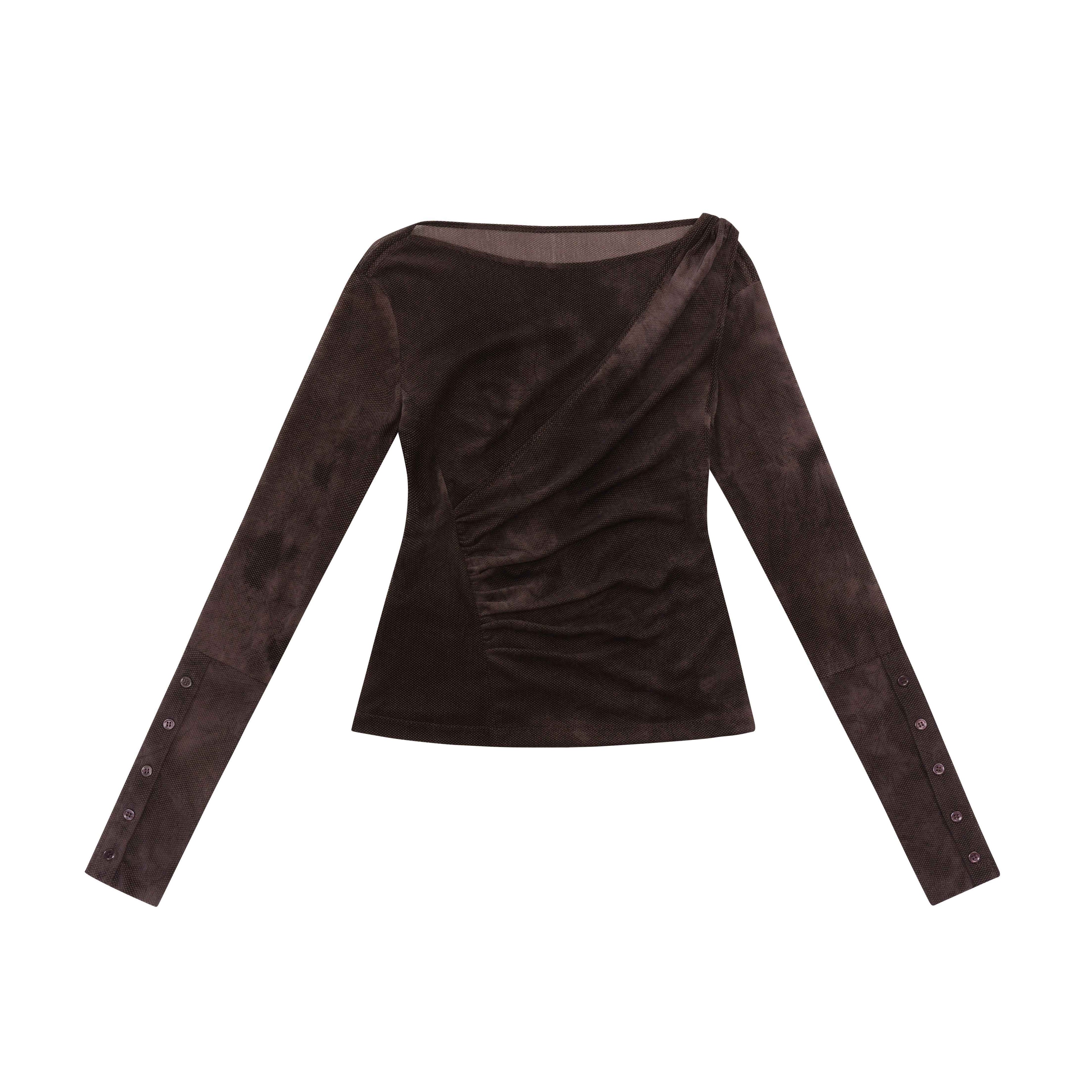 someonesometimes_Stretch_V-neck_Casual_Slim_Fit_Women_Brown_Velvet_Check_Long_Sleeve_T-Shirts_MISSTT