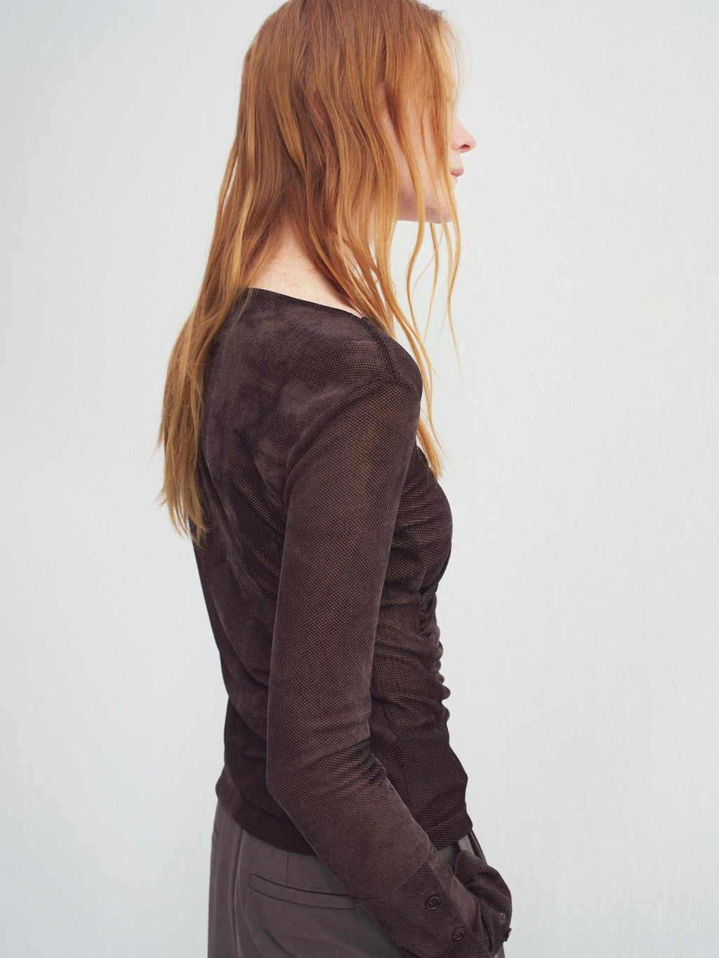 someonesometimes Stretch V-neck Casual Slim Fit Women Brown Velvet Check Long Sleeve T-Shirts