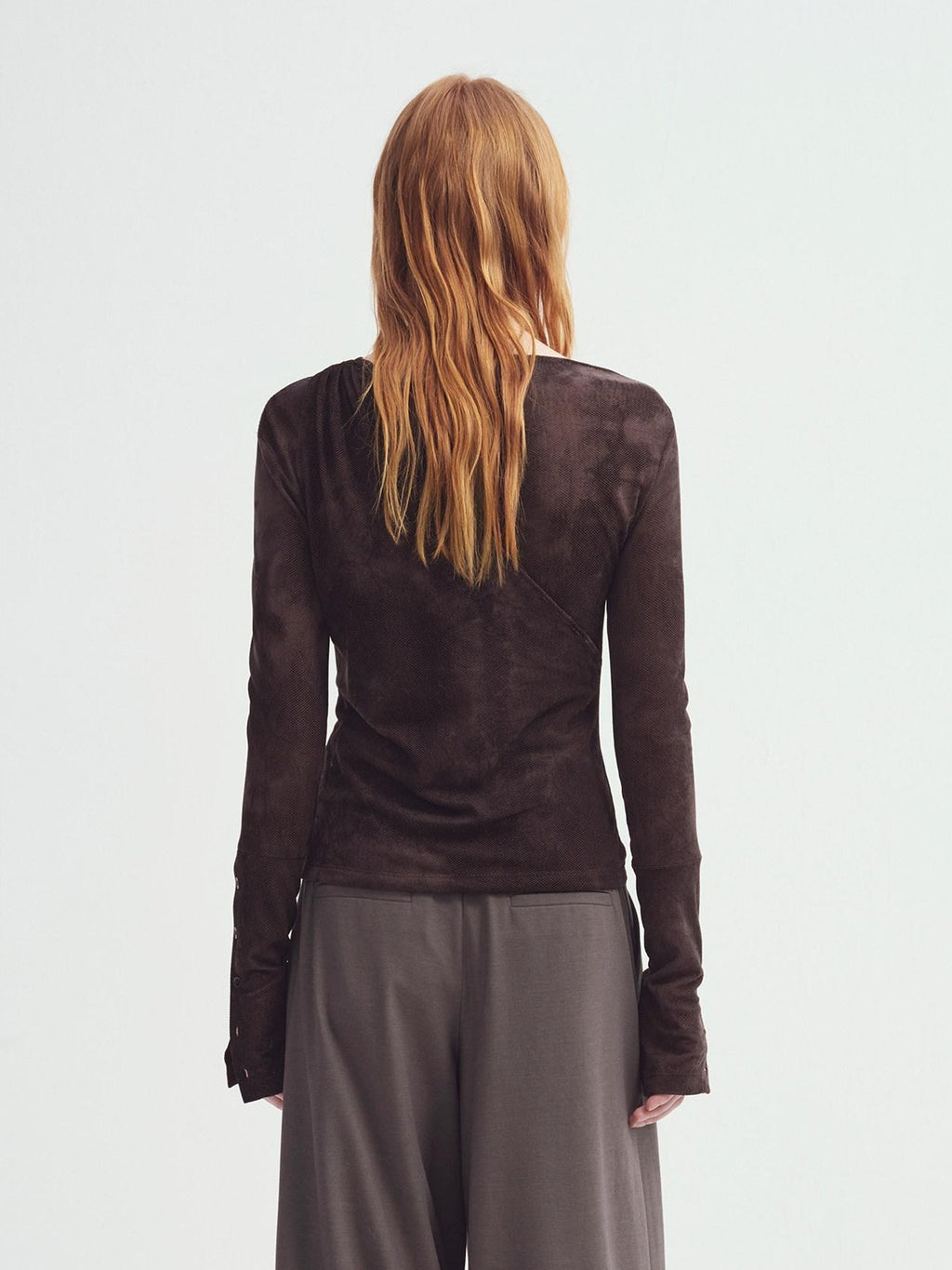 someonesometimes Stretch V-neck Casual Slim Fit Women Brown Velvet Check Long Sleeve T-Shirts