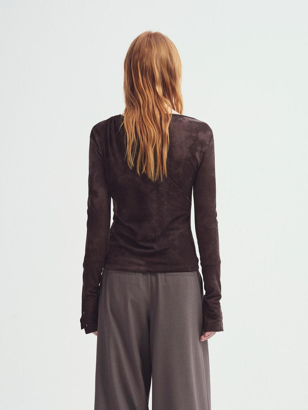 someonesometimes Stretch V-neck Casual Slim Fit Women Brown Velvet Check Long Sleeve T-Shirts
