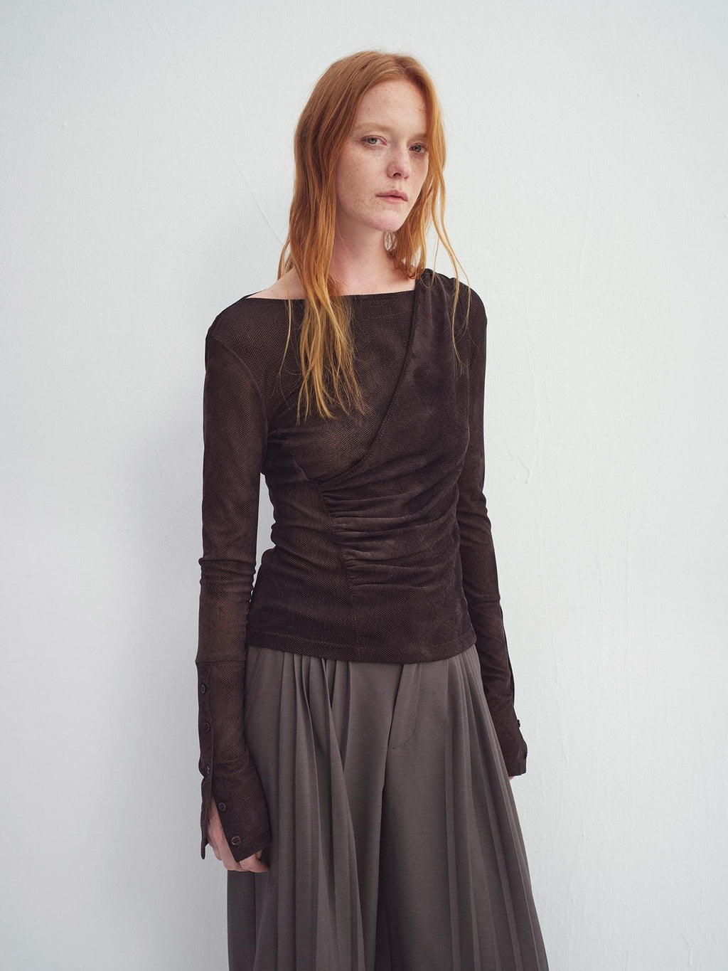 someonesometimes Stretch V-neck Casual Slim Fit Women Brown Velvet Check Long Sleeve T-Shirts