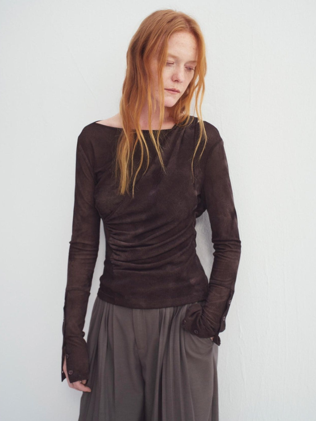 someonesometimes Stretch V-neck Casual Slim Fit Women Brown Velvet Check Long Sleeve T-Shirts
