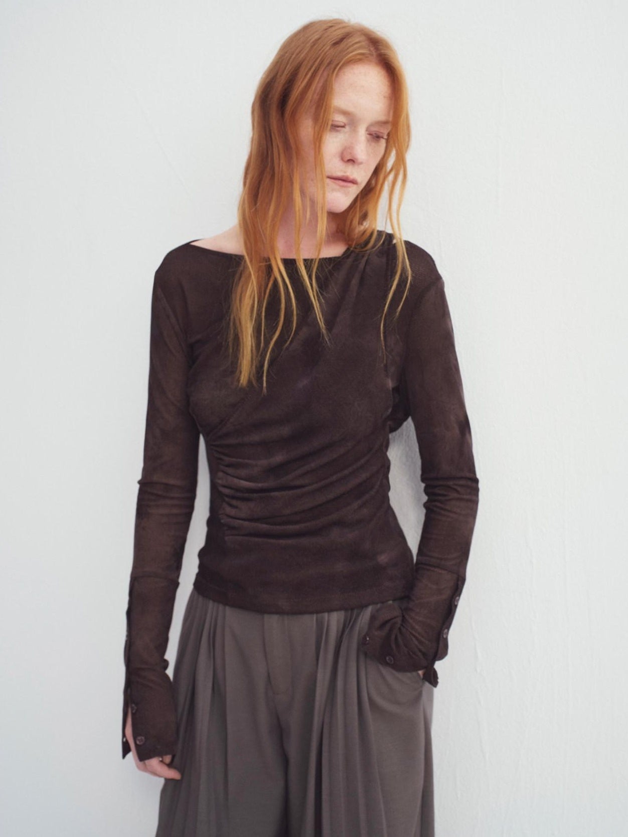 someonesometimes Stretch V-neck Casual Slim Fit Women Brown Velvet Check Long Sleeve T-Shirts