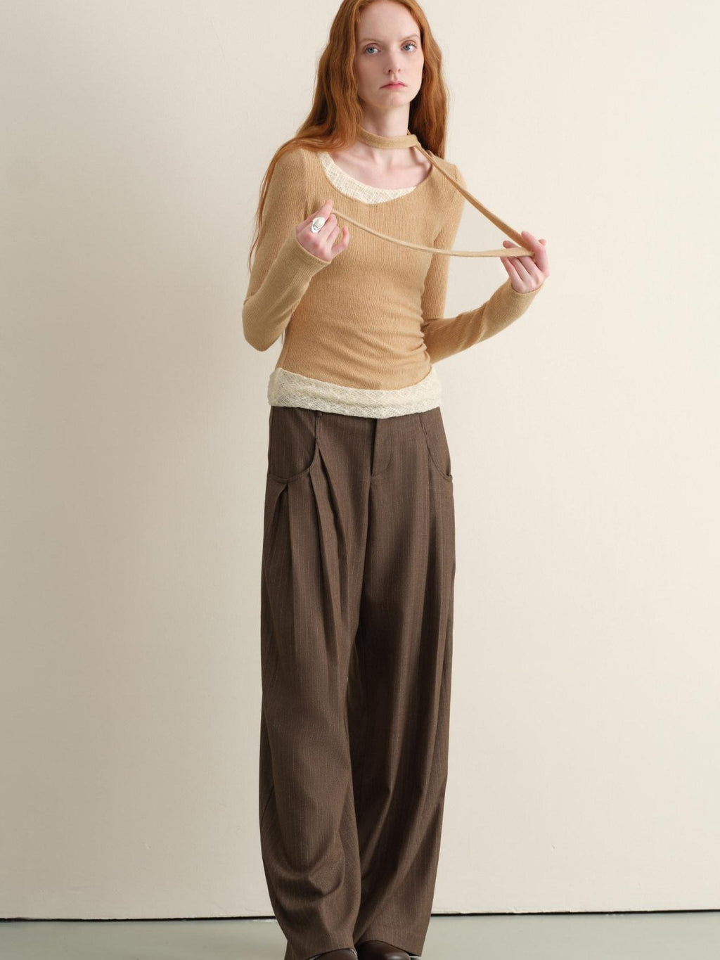 someonesometimes Stretchy Slim Fit Casual Plaid Patchwork Khaki Women Knit Long Sleeve T-Shirts