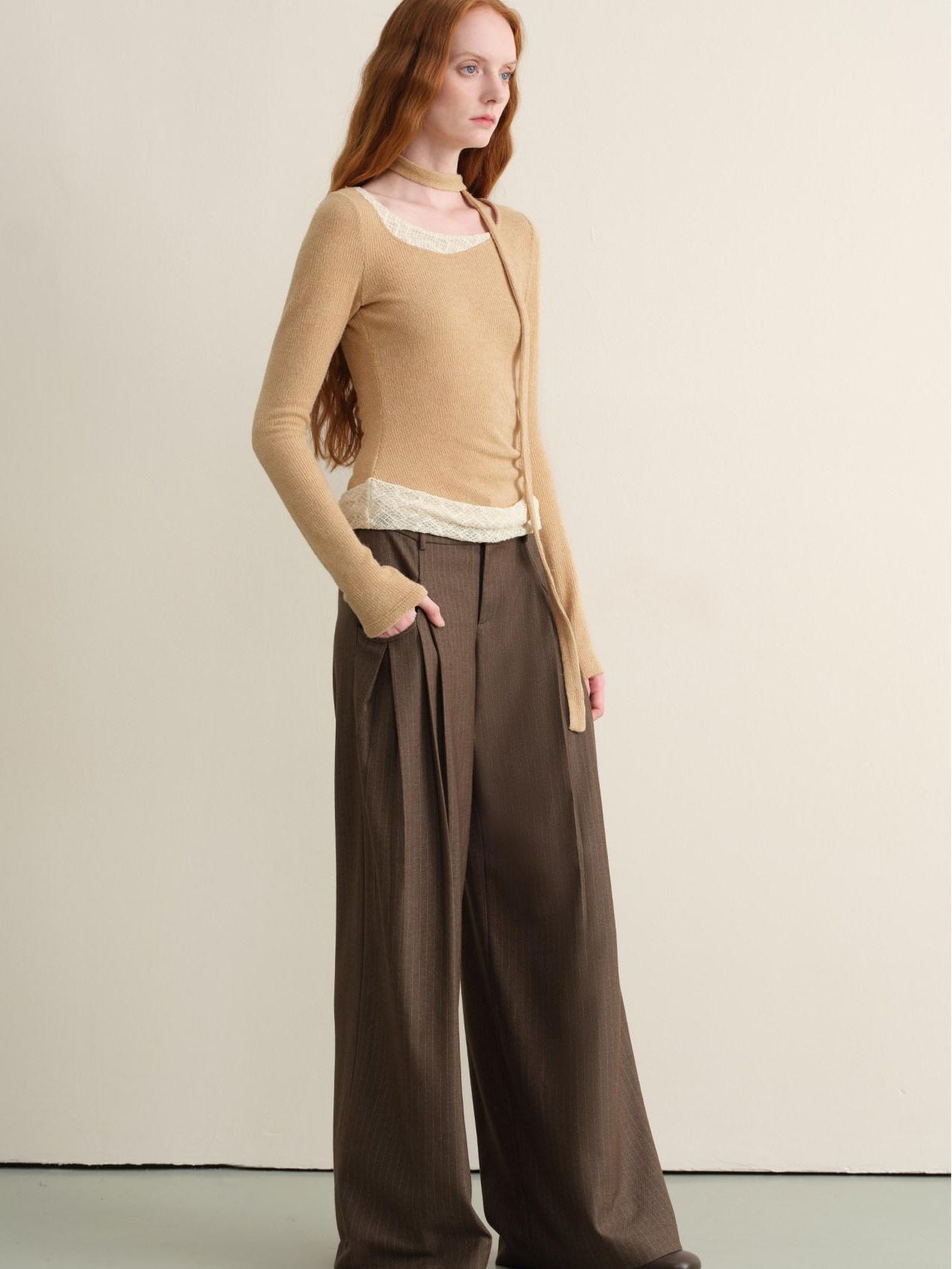 someonesometimes Stretchy Slim Fit Casual Plaid Patchwork Khaki Women Knit Long Sleeve T-Shirts