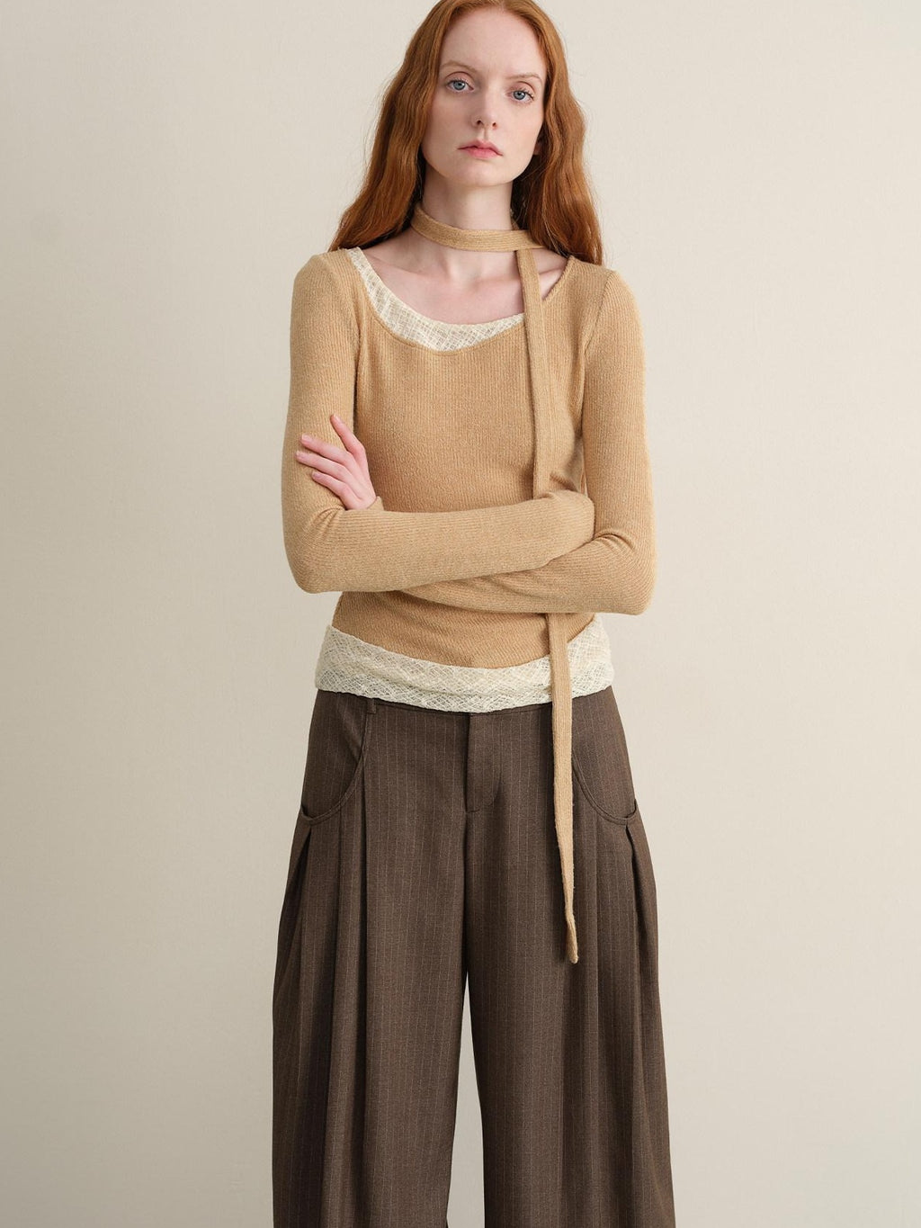 someonesometimes Stretchy Slim Fit Casual Plaid Patchwork Khaki Women Knit Long Sleeve T-Shirts