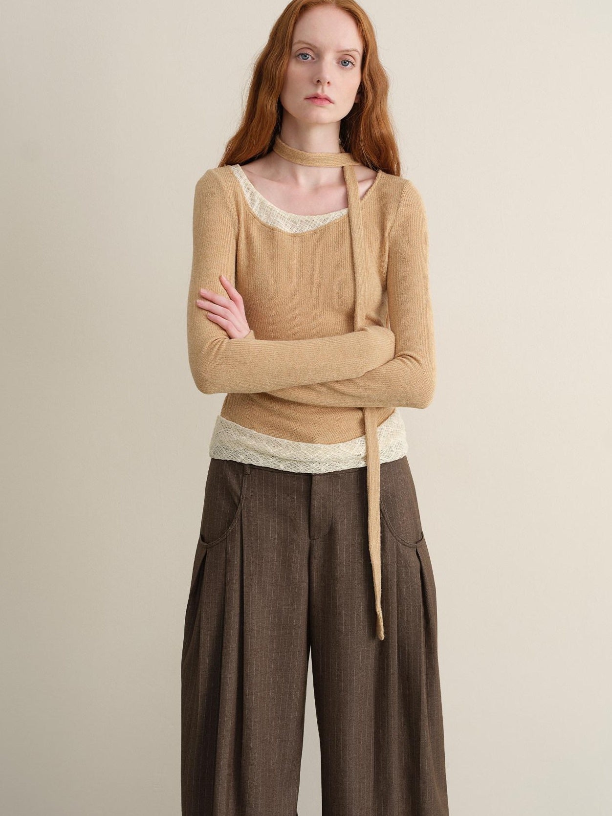 someonesometimes Stretchy Slim Fit Casual Plaid Patchwork Khaki Women Knit Long Sleeve T-Shirts