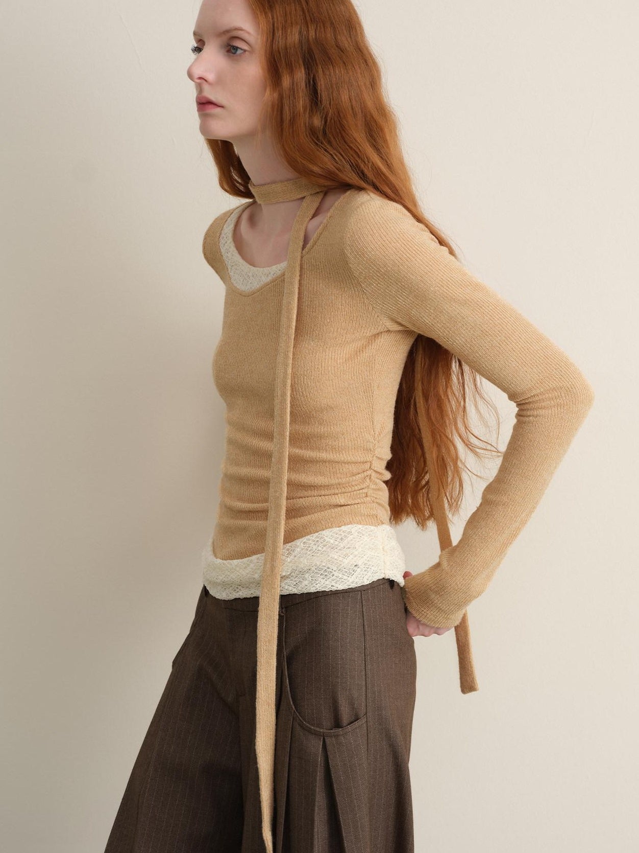 someonesometimes Stretchy Slim Fit Casual Plaid Patchwork Khaki Women Knit Long Sleeve T-Shirts