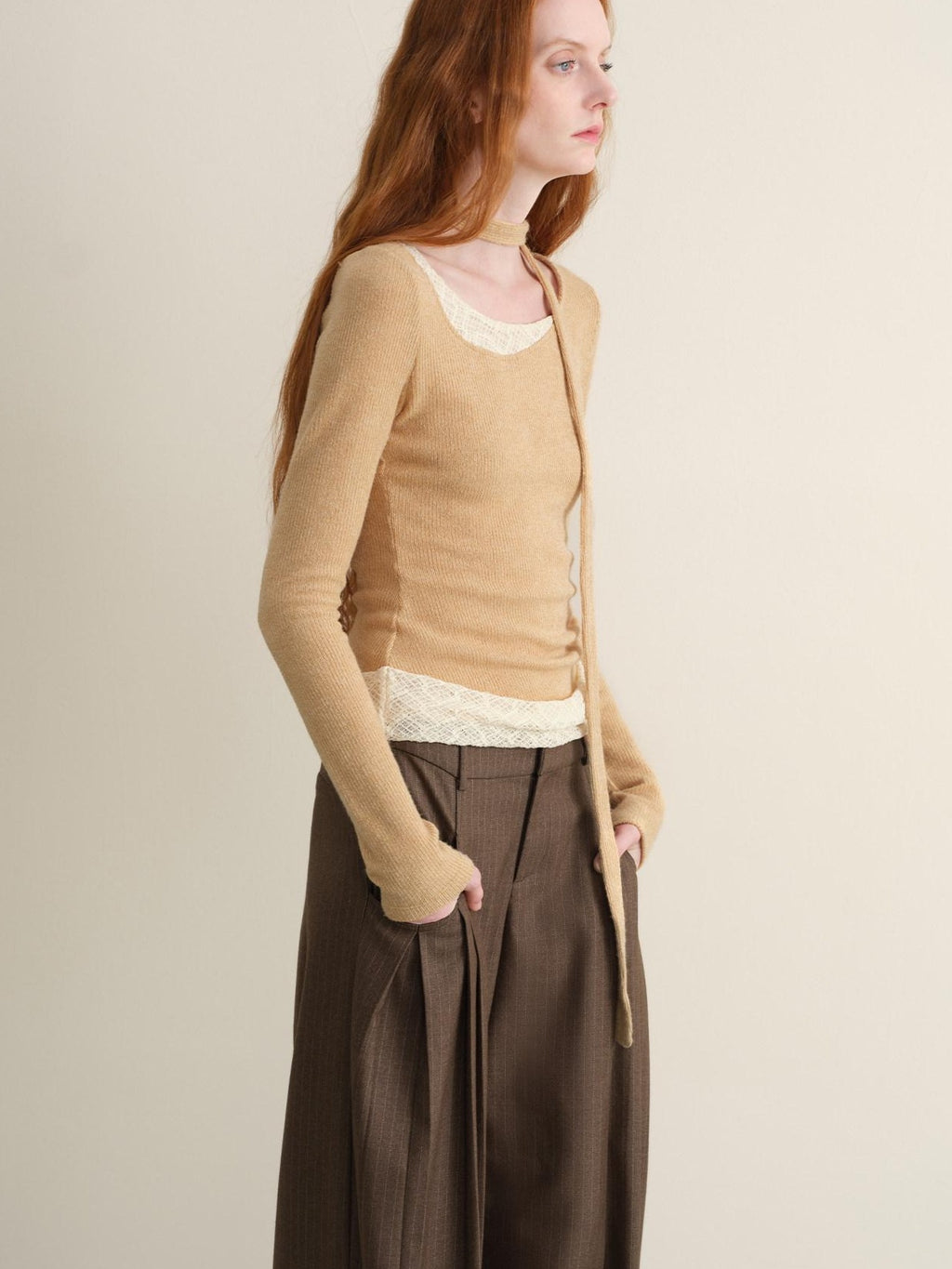 someonesometimes Stretchy Slim Fit Casual Plaid Patchwork Khaki Women Knit Long Sleeve T-Shirts