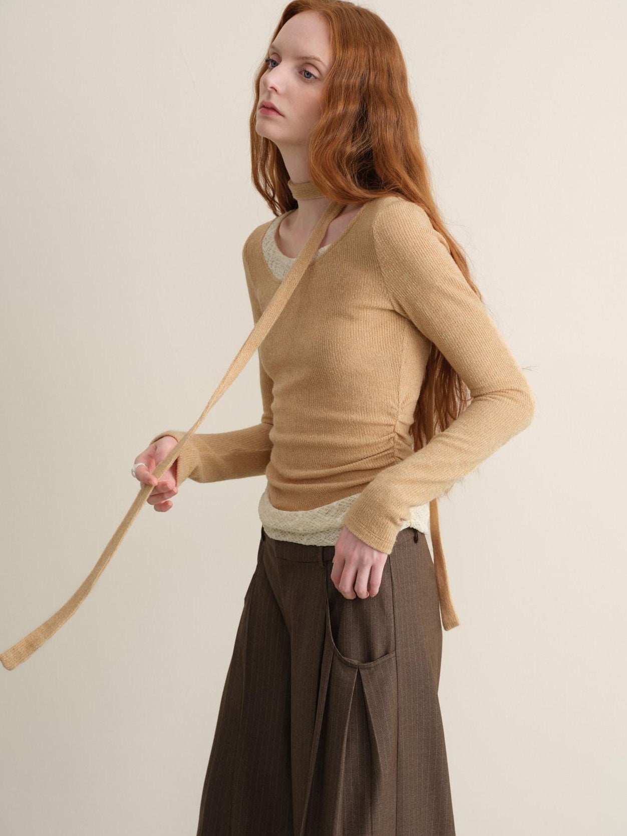 someonesometimes Stretchy Slim Fit Casual Plaid Patchwork Khaki Women Knit Long Sleeve T-Shirts