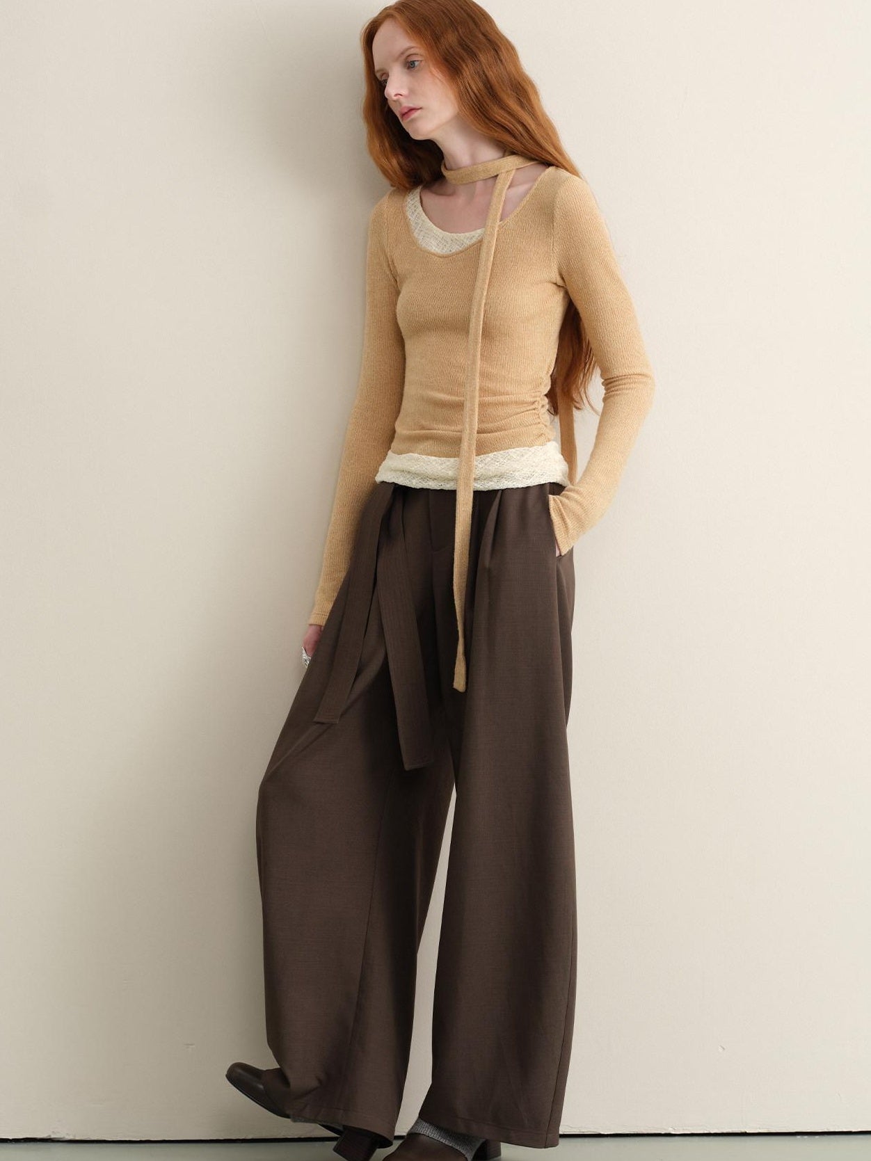 someonesometimes Stretchy Slim Fit Casual Plaid Patchwork Khaki Women Knit Long Sleeve T-Shirts
