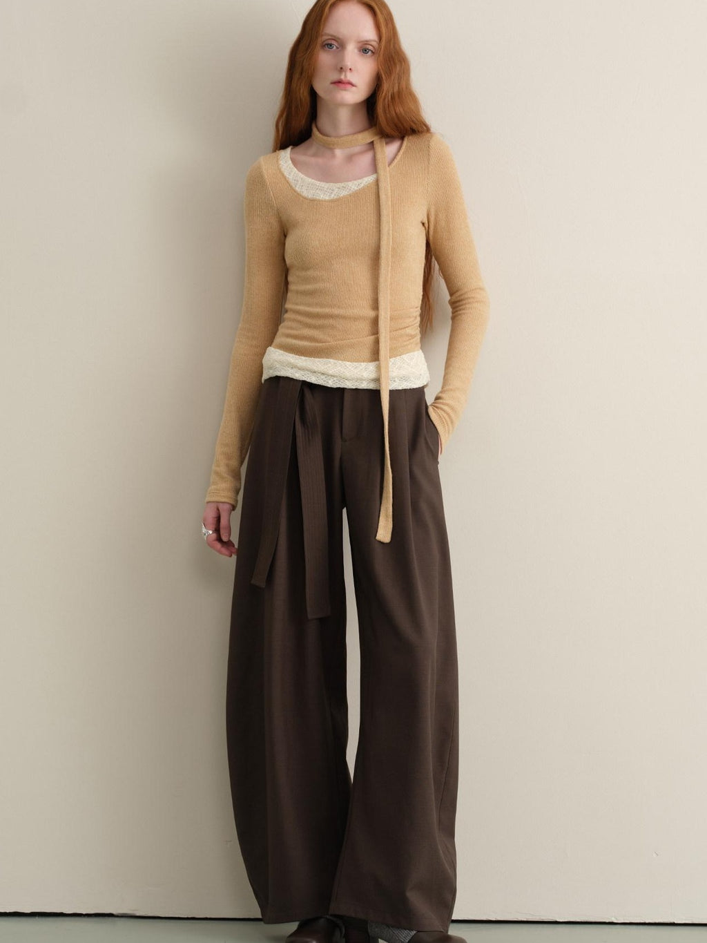 someonesometimes Stretchy Slim Fit Casual Plaid Patchwork Khaki Women Knit Long Sleeve T-Shirts