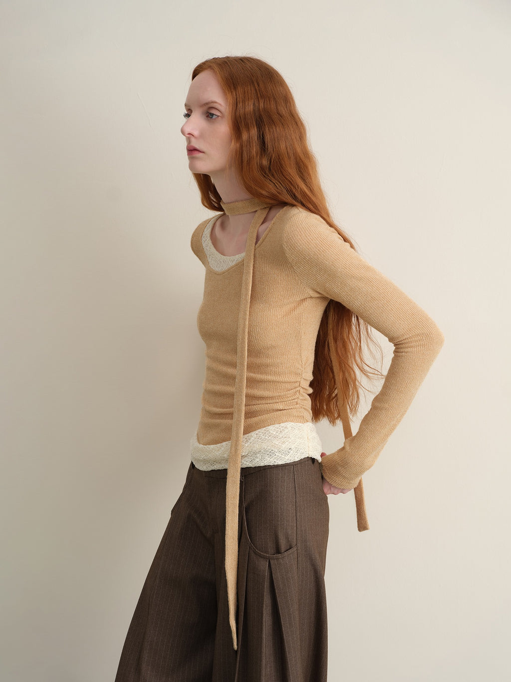 someonesometimes Stretchy Slim Fit Casual Plaid Patchwork Khaki Women Knit Long Sleeve T-Shirts