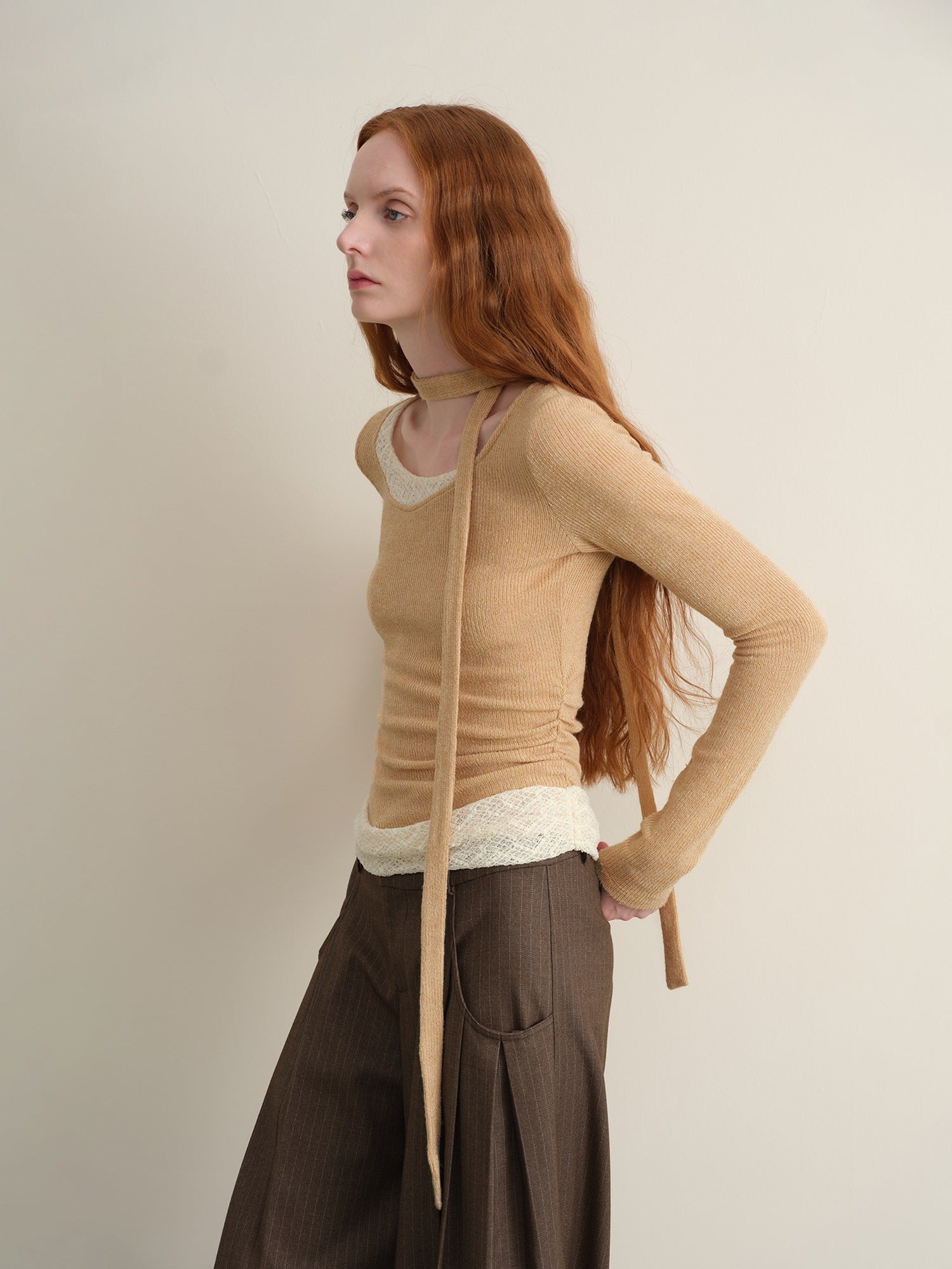 someonesometimes Stretchy Slim Fit Casual Plaid Patchwork Khaki Women Knit Long Sleeve T-Shirts