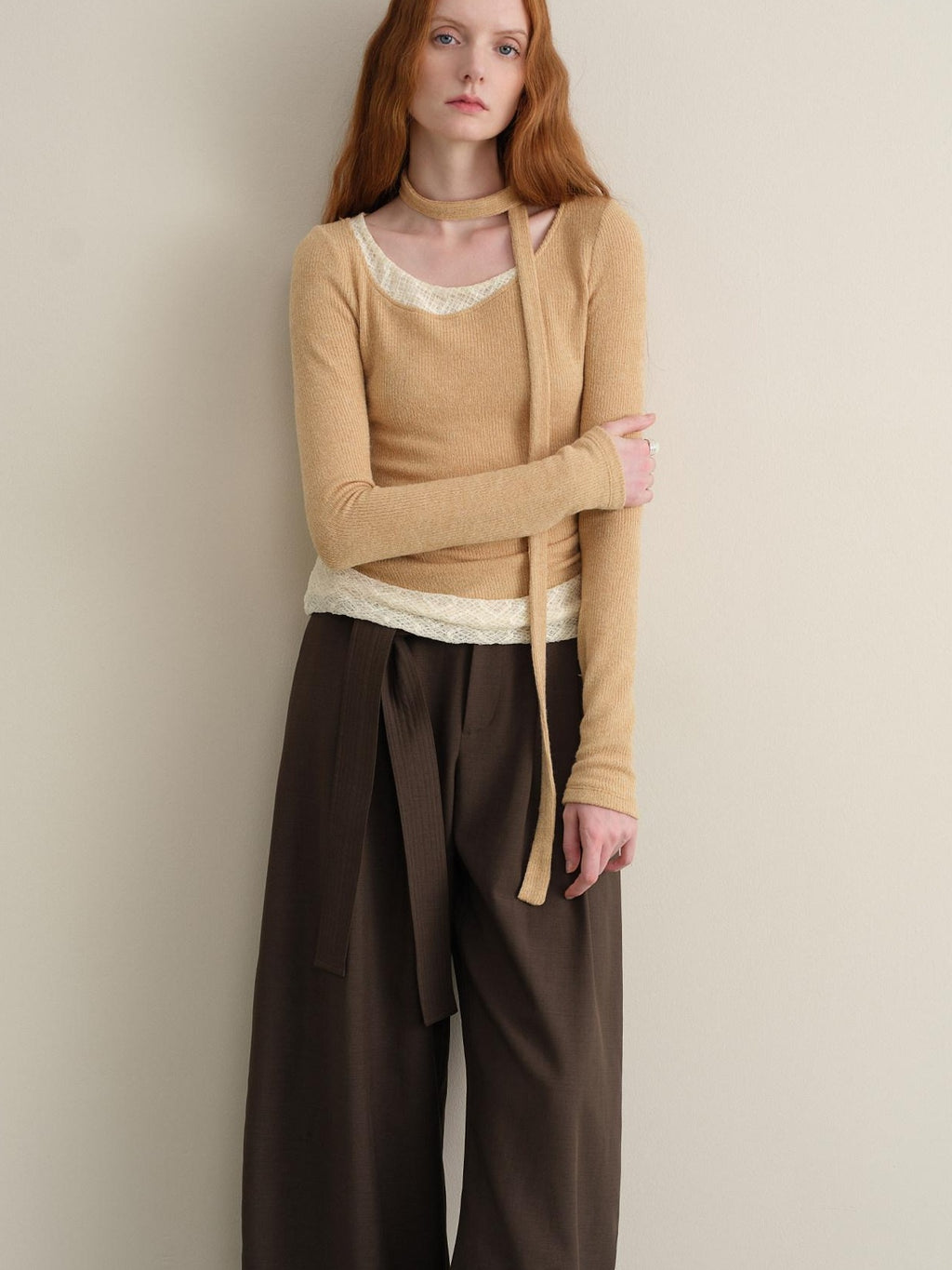 someonesometimes Stretchy Slim Fit Casual Plaid Patchwork Khaki Women Knit Long Sleeve T-Shirts