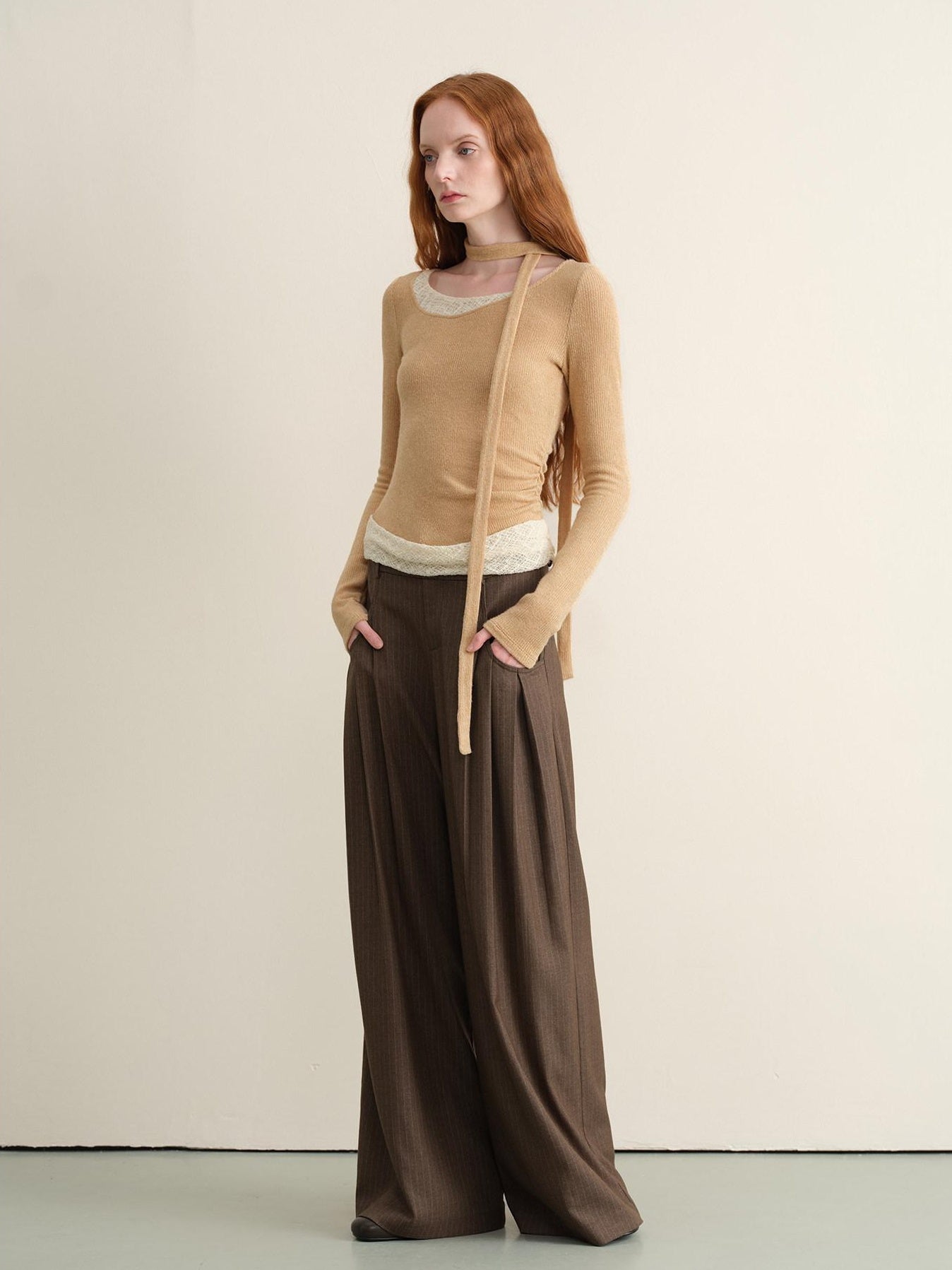someonesometimes Stretchy Slim Fit Casual Plaid Patchwork Khaki Women Knit Long Sleeve T-Shirts