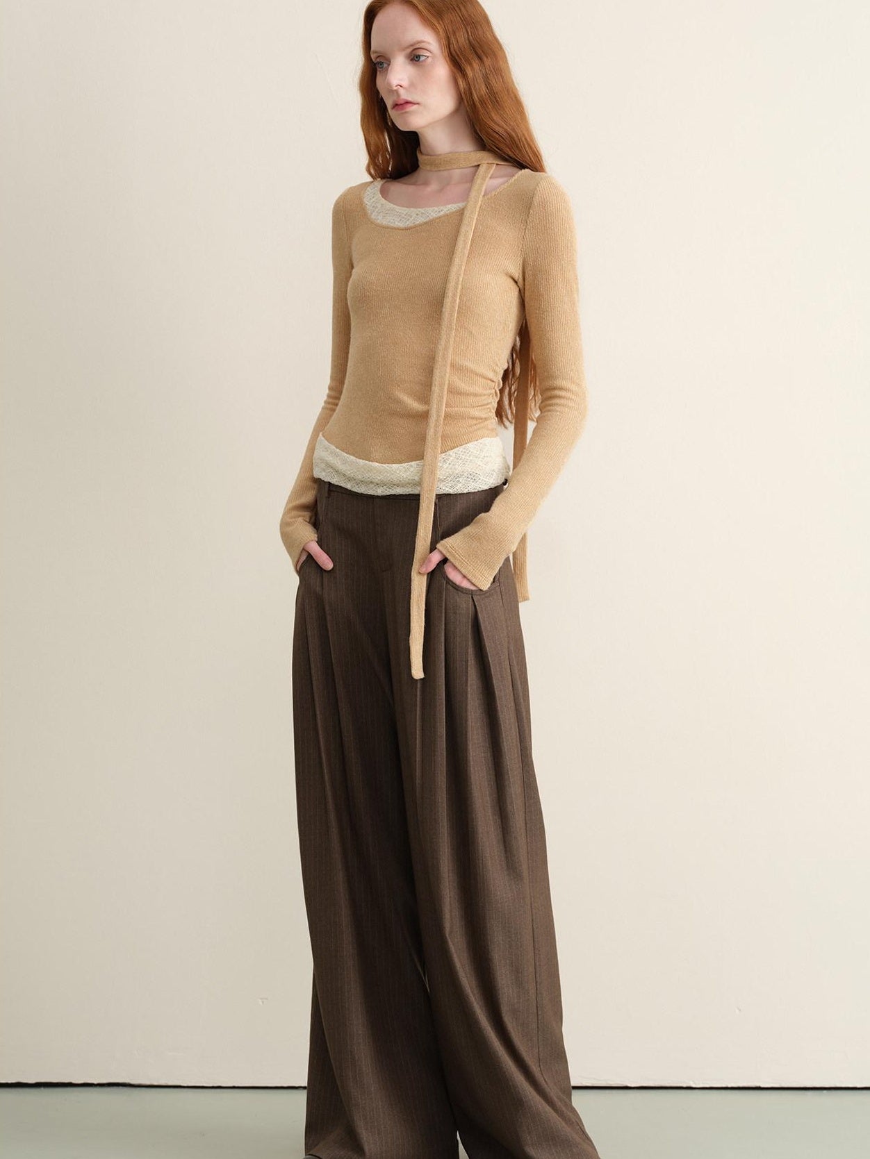 someonesometimes Stretchy Slim Fit Casual Plaid Patchwork Khaki Women Knit Long Sleeve T-Shirts