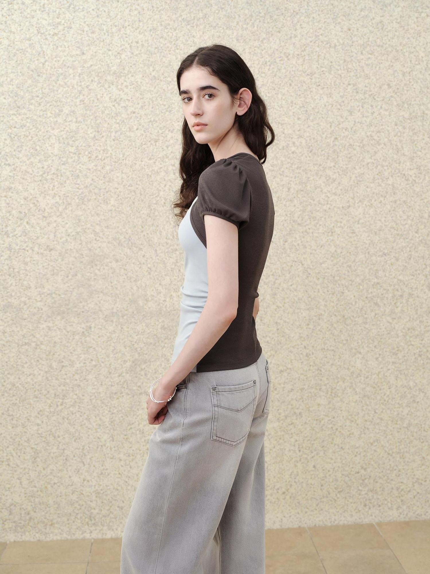 someonesometimes Tencel Blend Stretch Slim Waist Puff Sleeve Gray Blue Short Sleeve T-Shirts