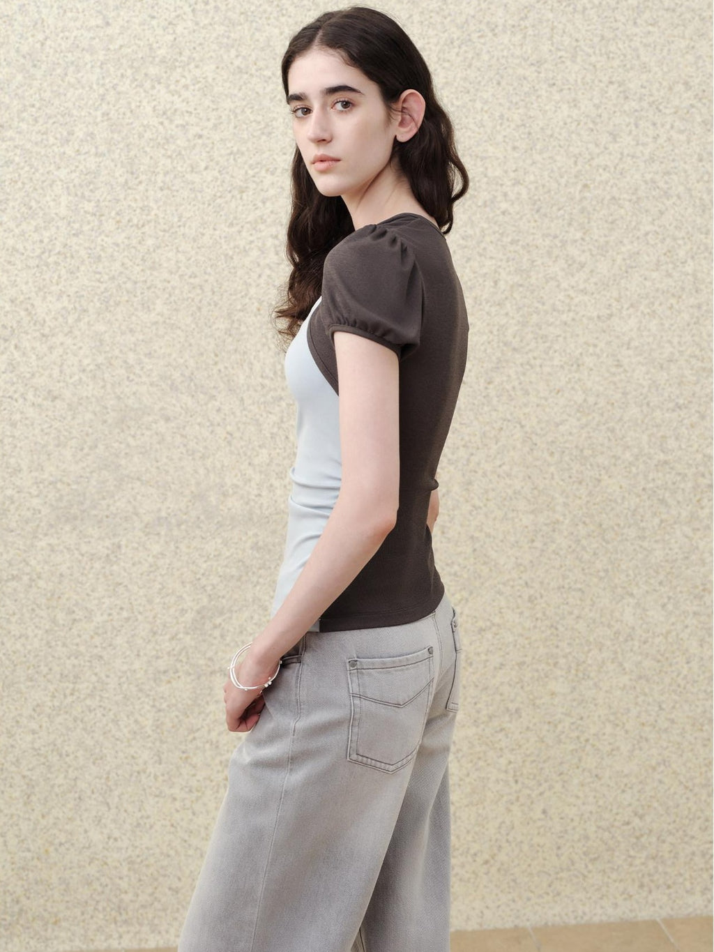 someonesometimes Tencel Blend Stretch Slim Waist Puff Sleeve Gray Blue Short Sleeve T-Shirts
