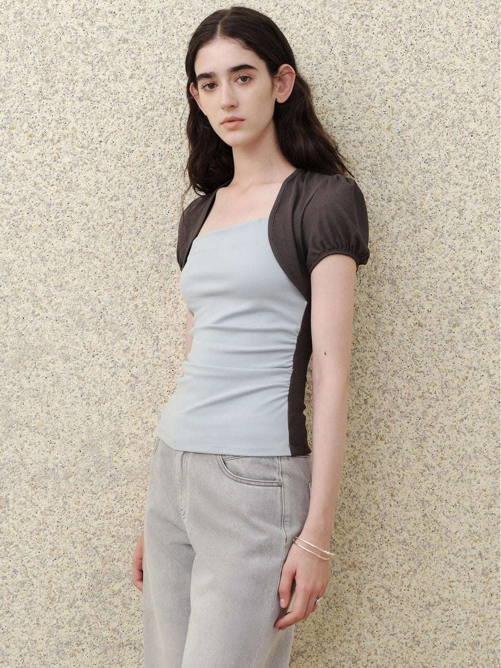 someonesometimes Tencel Blend Stretch Slim Waist Puff Sleeve Gray Blue Short Sleeve T-Shirts