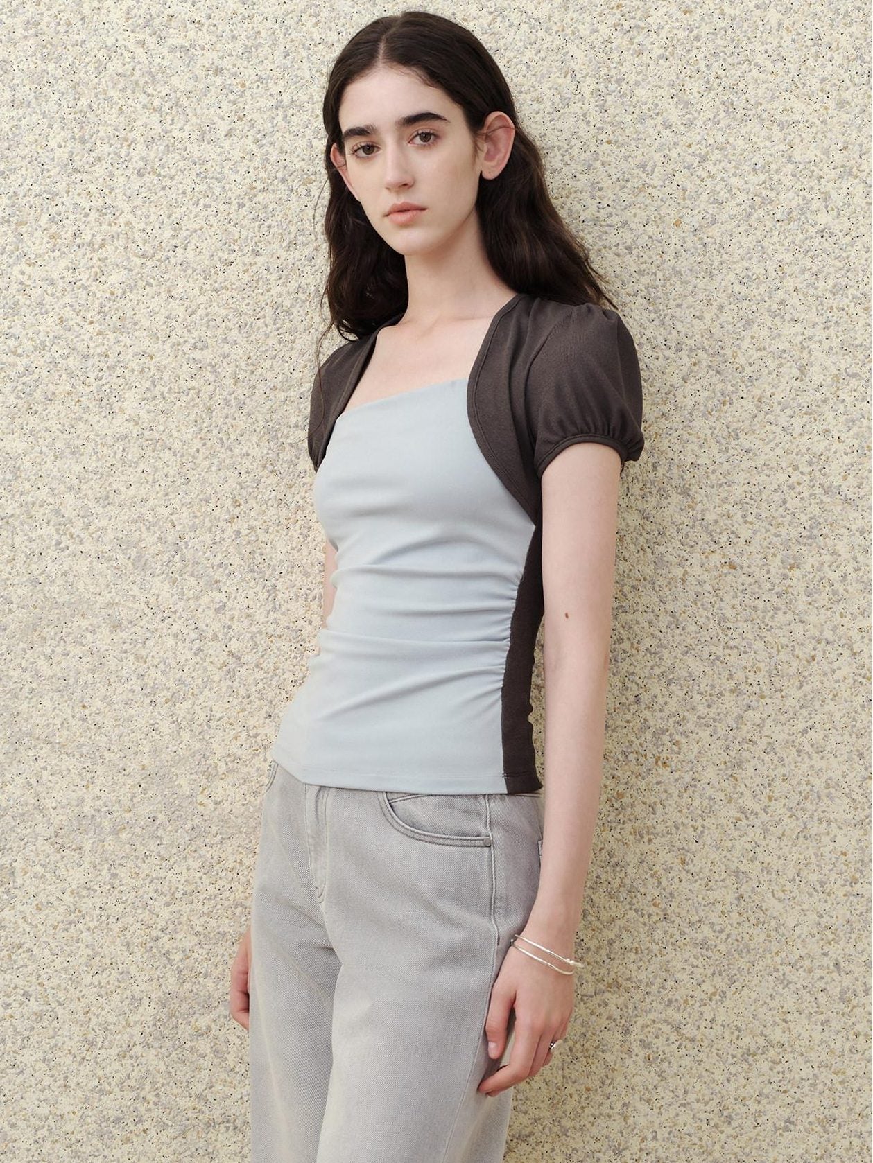 someonesometimes Tencel Blend Stretch Slim Waist Puff Sleeve Gray Blue Short Sleeve T-Shirts