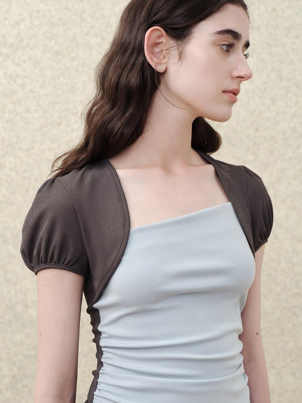 someonesometimes Tencel Blend Stretch Slim Waist Puff Sleeve Gray Blue Short Sleeve T-Shirts