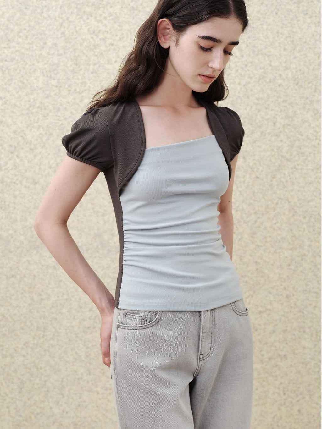 someonesometimes Tencel Blend Stretch Slim Waist Puff Sleeve Gray Blue Short Sleeve T-Shirts