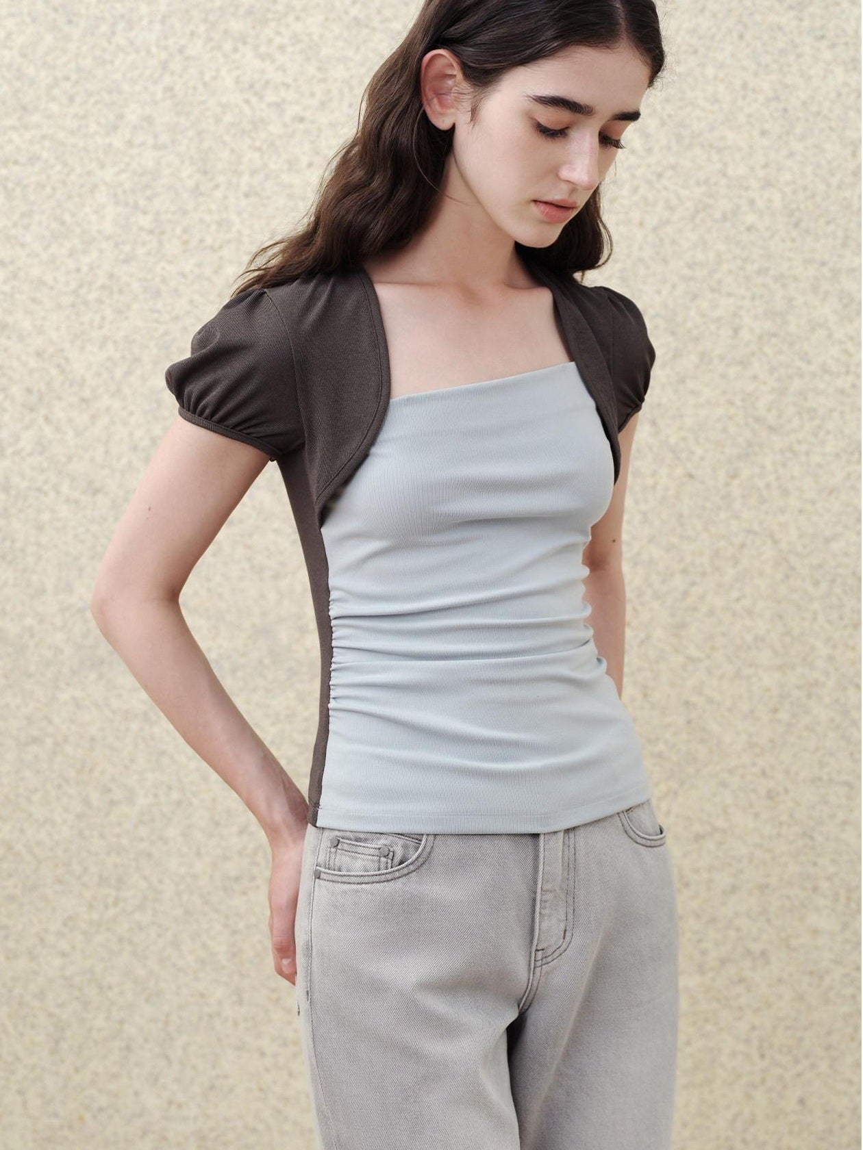 someonesometimes Tencel Blend Stretch Slim Waist Puff Sleeve Gray Blue Short Sleeve T-Shirts