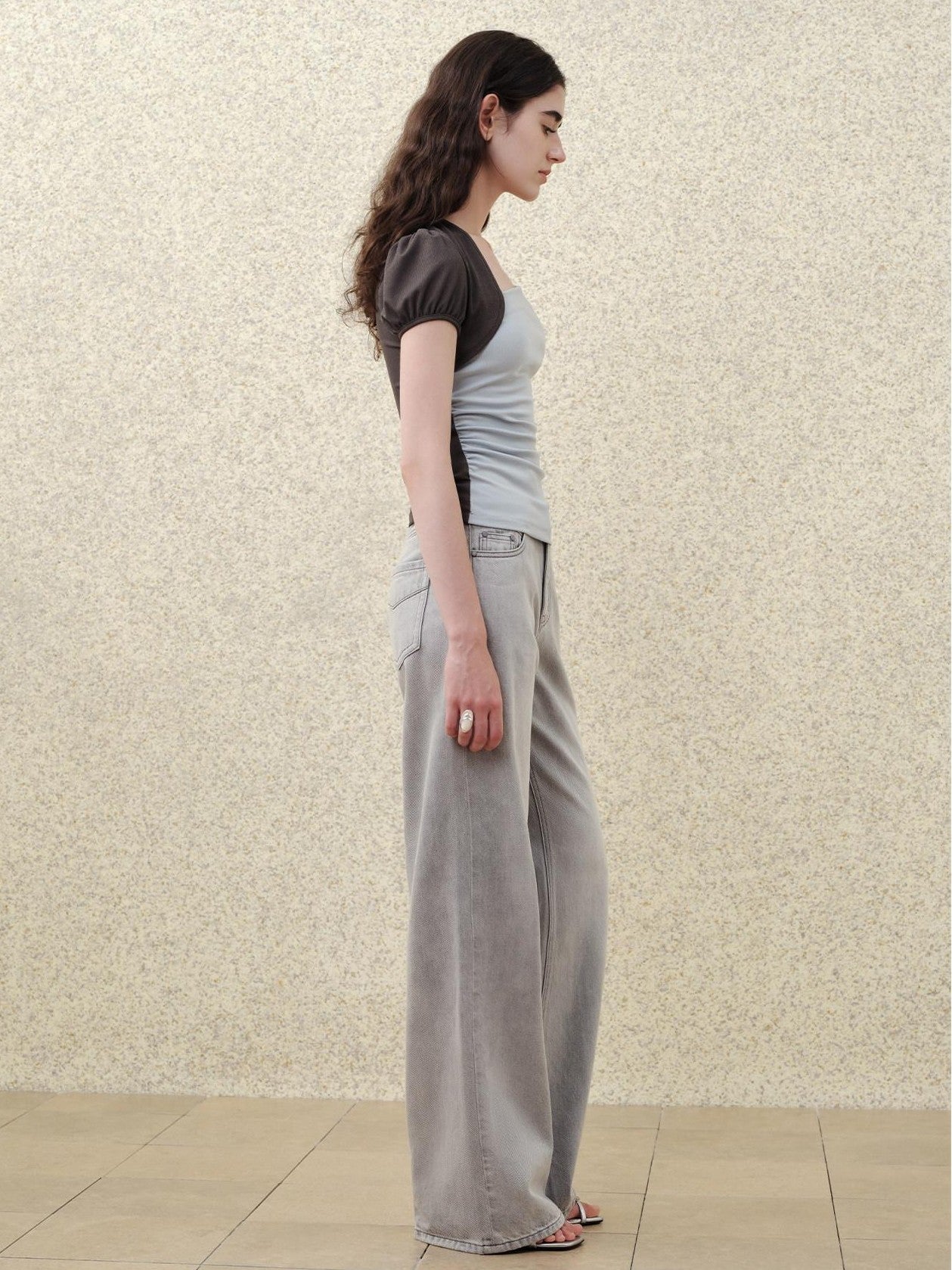 someonesometimes Tencel Blend Stretch Slim Waist Puff Sleeve Gray Blue Short Sleeve T-Shirts