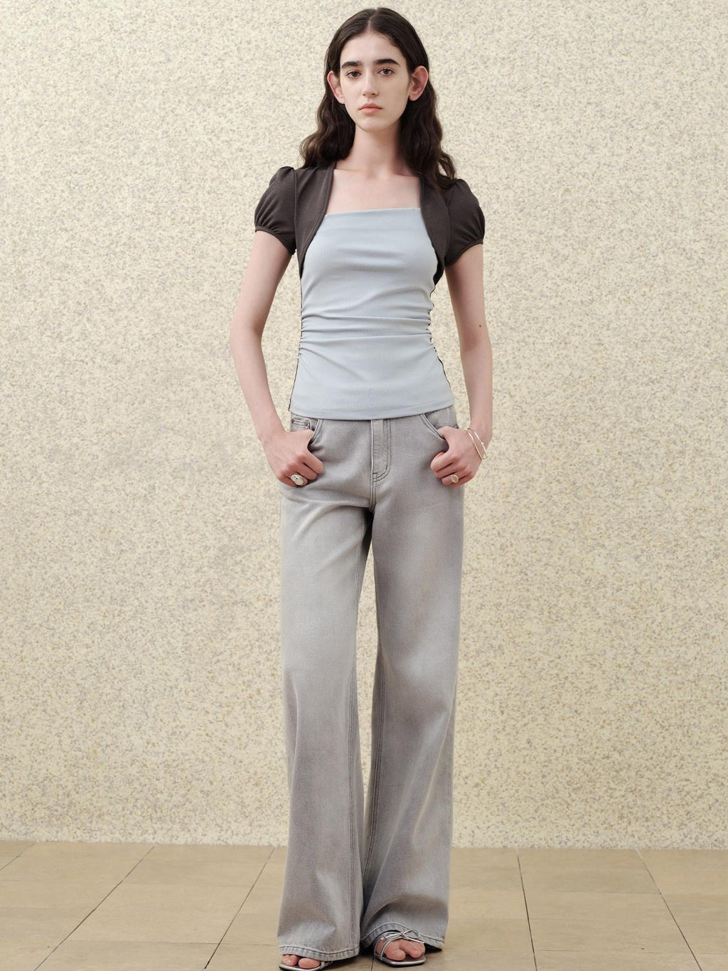 someonesometimes Tencel Blend Stretch Slim Waist Puff Sleeve Gray Blue Short Sleeve T-Shirts
