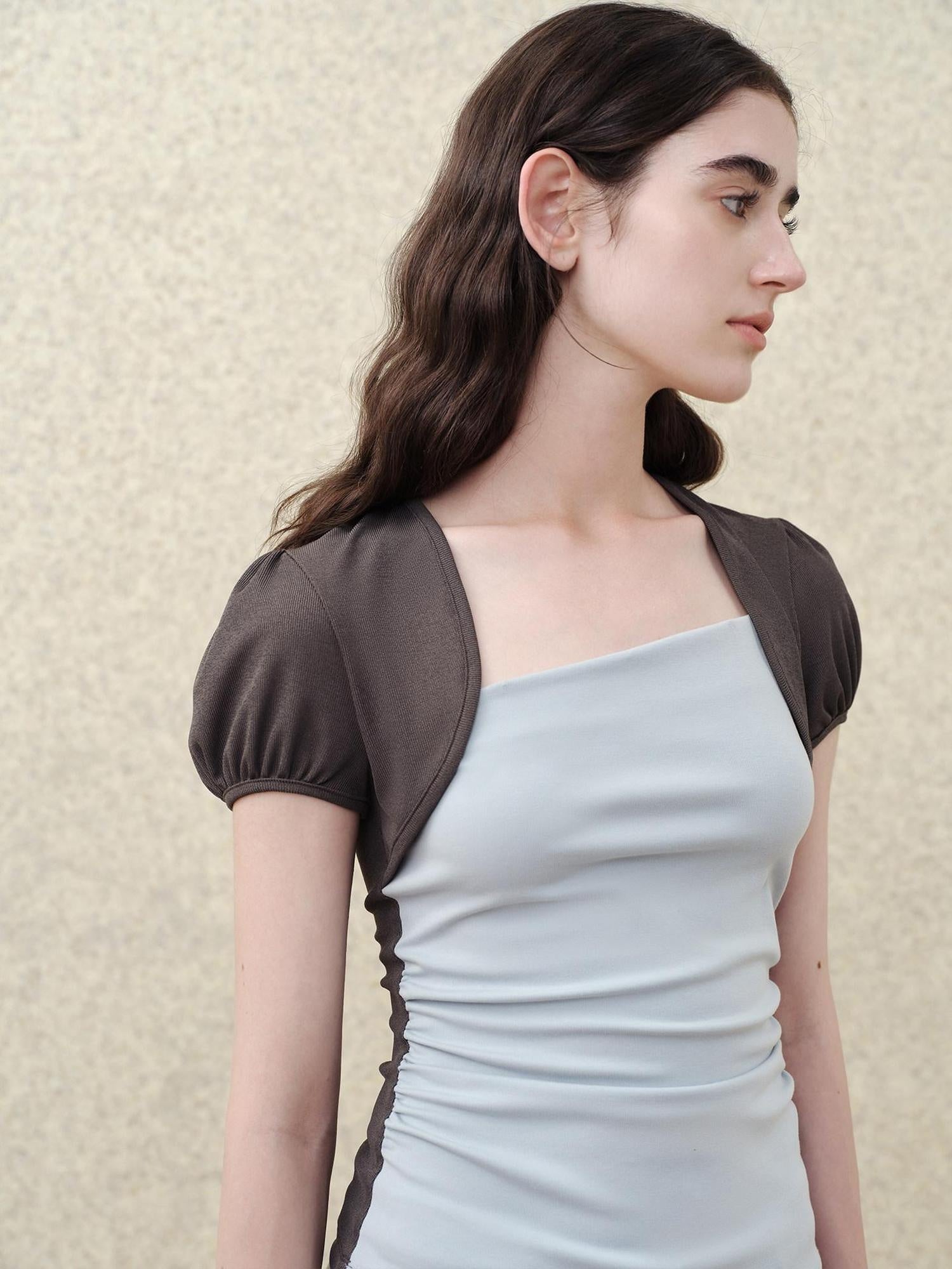 someonesometimes Tencel Blend Stretch Slim Waist Puff Sleeve Gray Blue Short Sleeve T-Shirts