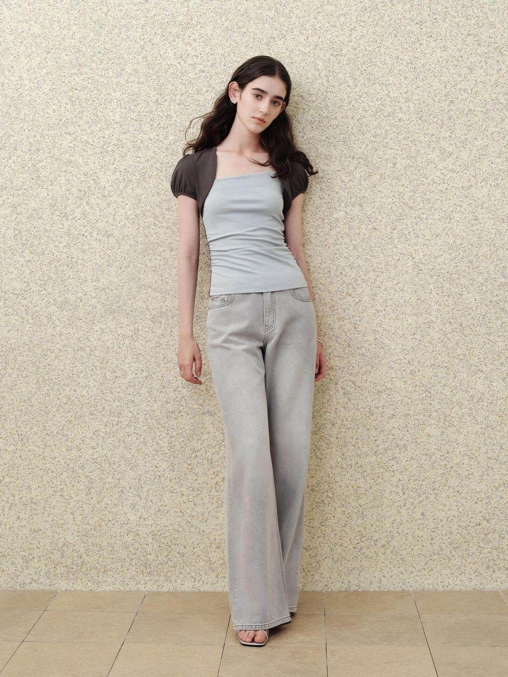 someonesometimes Tencel Blend Stretch Slim Waist Puff Sleeve Gray Blue Short Sleeve T-Shirts