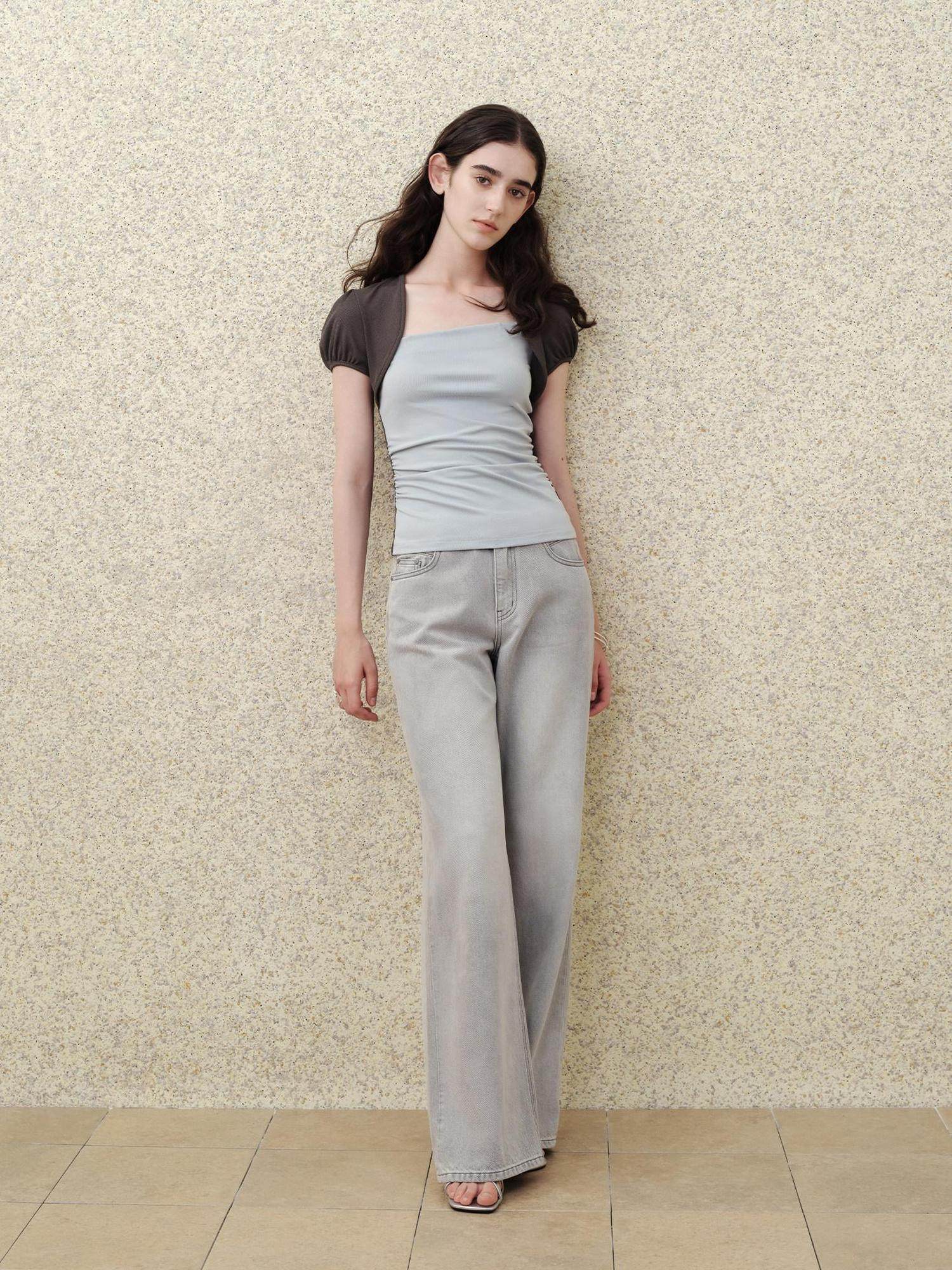 someonesometimes Tencel Blend Stretch Slim Waist Puff Sleeve Gray Blue Short Sleeve T-Shirts
