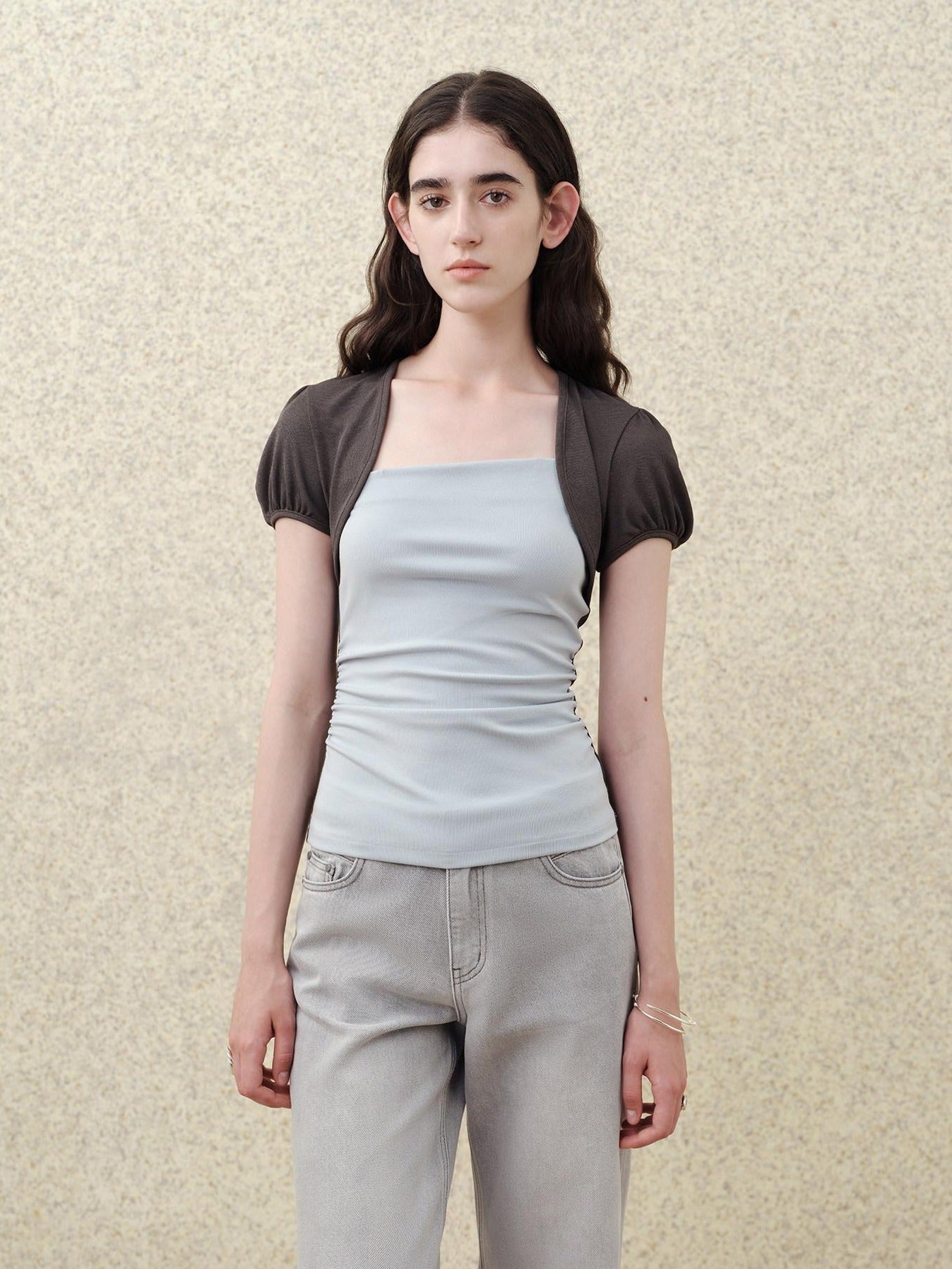 someonesometimes Tencel Blend Stretch Slim Waist Puff Sleeve Gray Blue Short Sleeve T-Shirts
