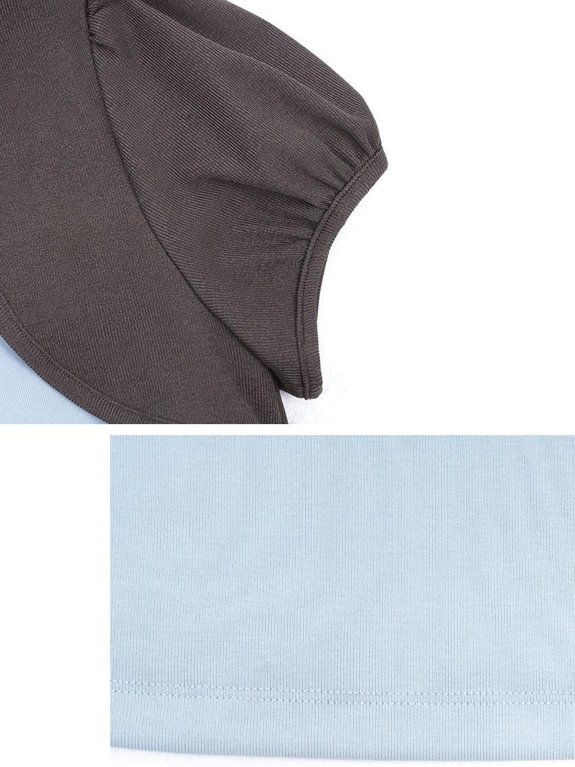 someonesometimes Tencel Blend Stretch Slim Waist Puff Sleeve Gray Blue Short Sleeve T-Shirts