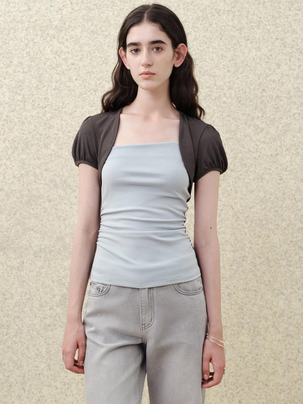 someonesometimes Tencel Blend Stretch Slim Waist Puff Sleeve Gray Blue Short Sleeve T-Shirts