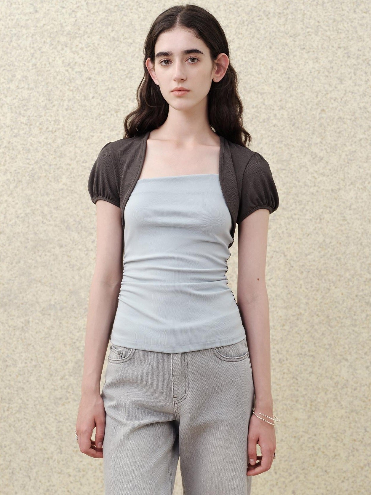 someonesometimes Tencel Blend Stretch Slim Waist Puff Sleeve Gray Blue Short Sleeve T-Shirts