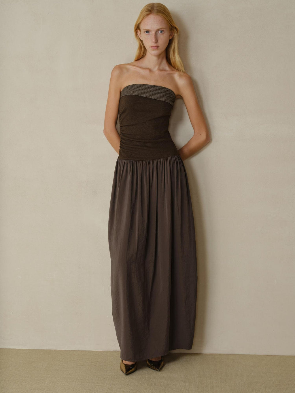 someonesometimes Tencel Modal Splice Slim Off Shoulder Strapless Casual Taupe Maxi Dresses