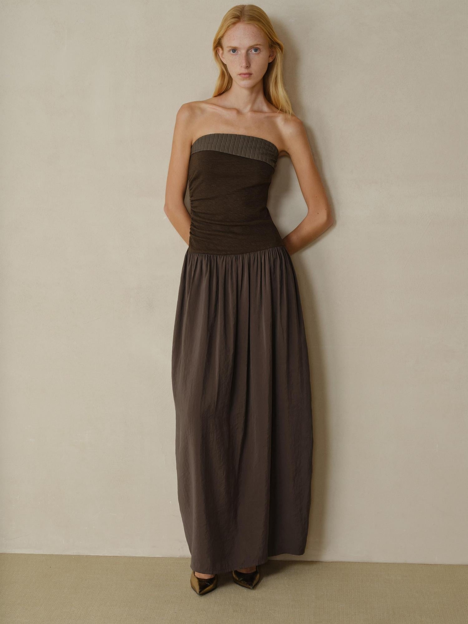 someonesometimes Tencel Modal Splice Slim Off Shoulder Strapless Casual Taupe Maxi Dresses