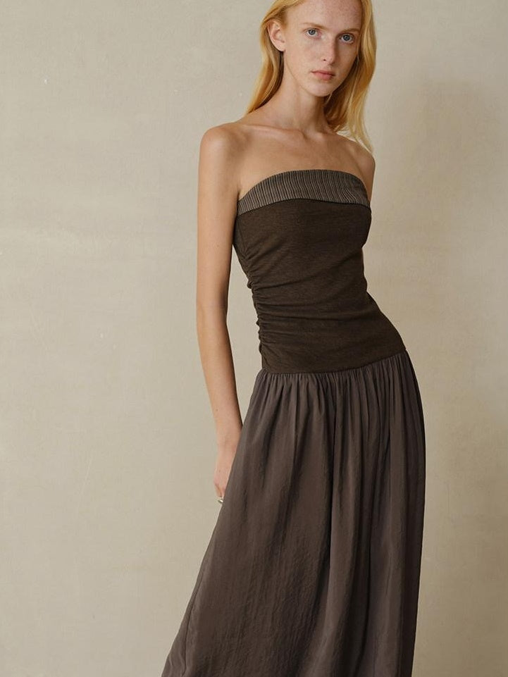 someonesometimes Tencel Modal Splice Slim Off Shoulder Strapless Casual Taupe Maxi Dresses