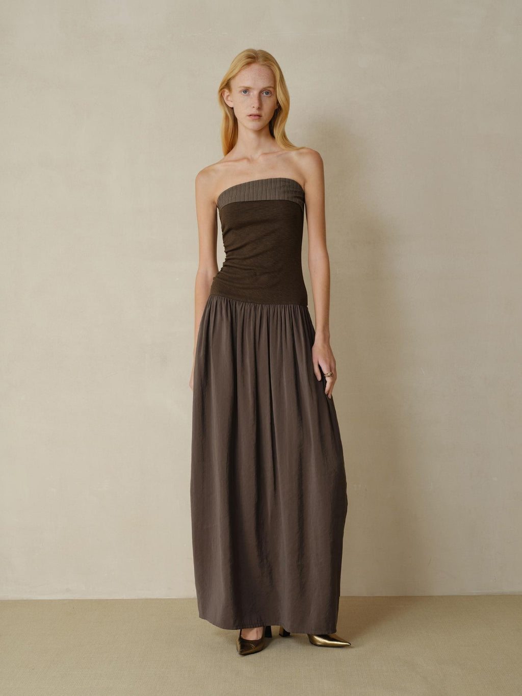 someonesometimes Tencel Modal Splice Slim Off Shoulder Strapless Casual Taupe Maxi Dresses