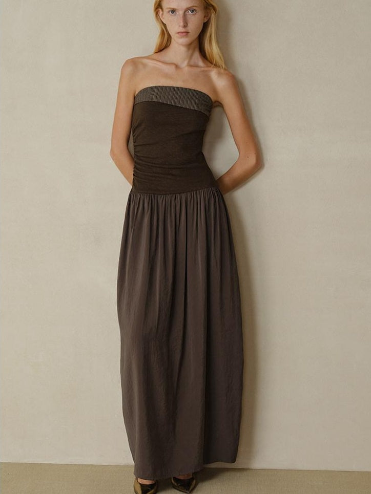 someonesometimes Tencel Modal Splice Slim Off Shoulder Strapless Casual Taupe Maxi Dresses