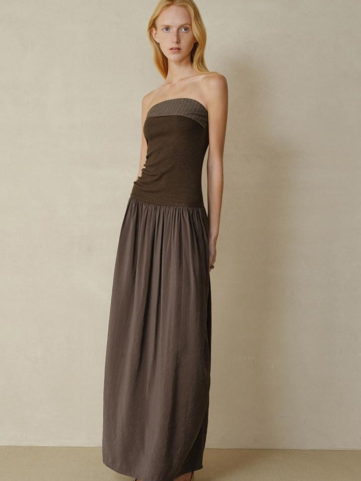 someonesometimes Tencel Modal Splice Slim Off Shoulder Strapless Casual Taupe Maxi Dresses