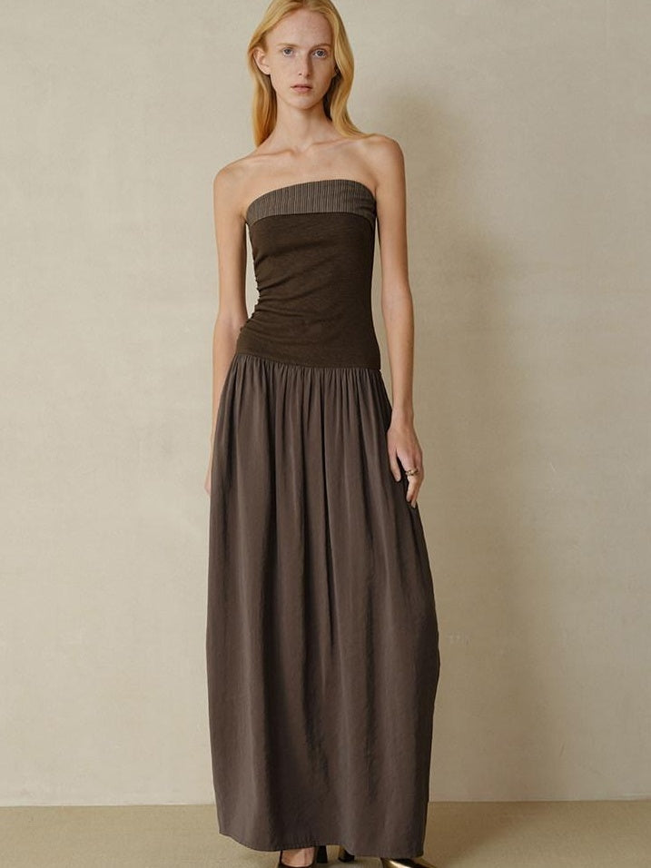 someonesometimes Tencel Modal Splice Slim Off Shoulder Strapless Casual Taupe Maxi Dresses