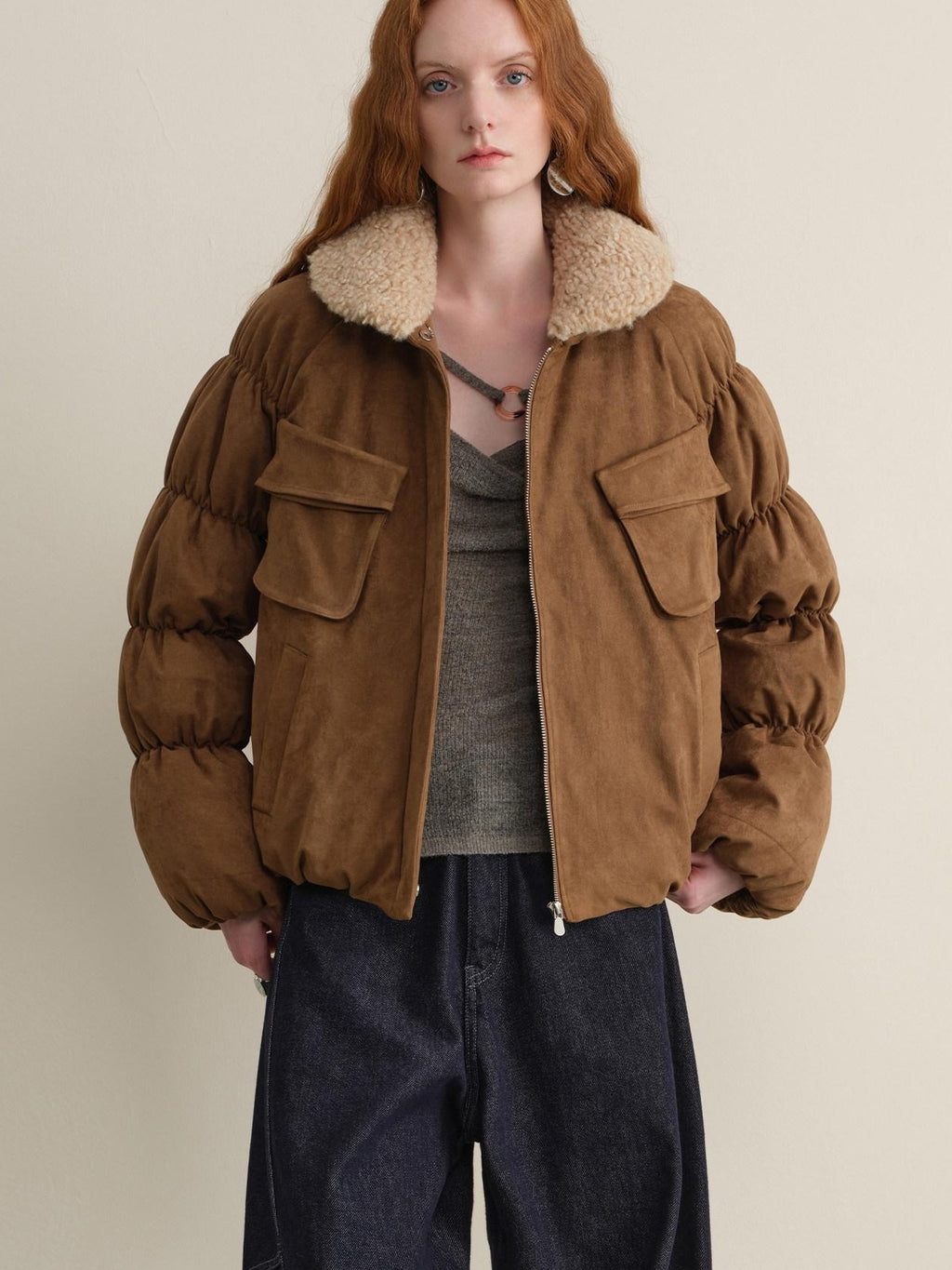 someonesometimes Thick Insulated Casual Loose Lantern Sleeves Women Zip Front Puffer Jackets